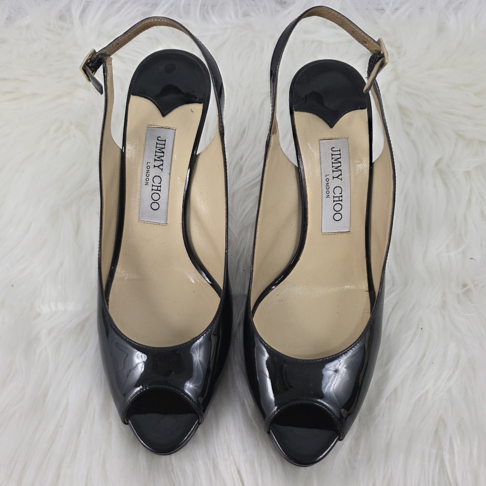 Jimmy Choo Glossy Black Patent Leather Slingback Heels